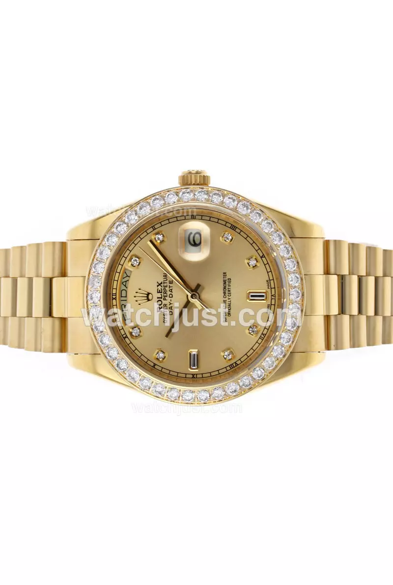 Rolex Day Date Ii Automatic Movement Full Gold Diamond Bezel And Markers With Golden Dial Pant45951